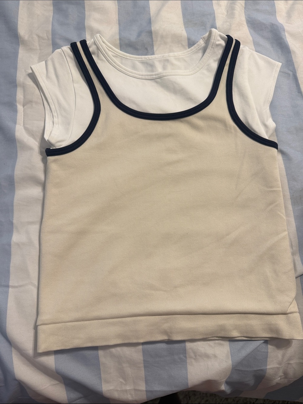 Athleta Cream Ribbed Tank with Navy Trim - Girls